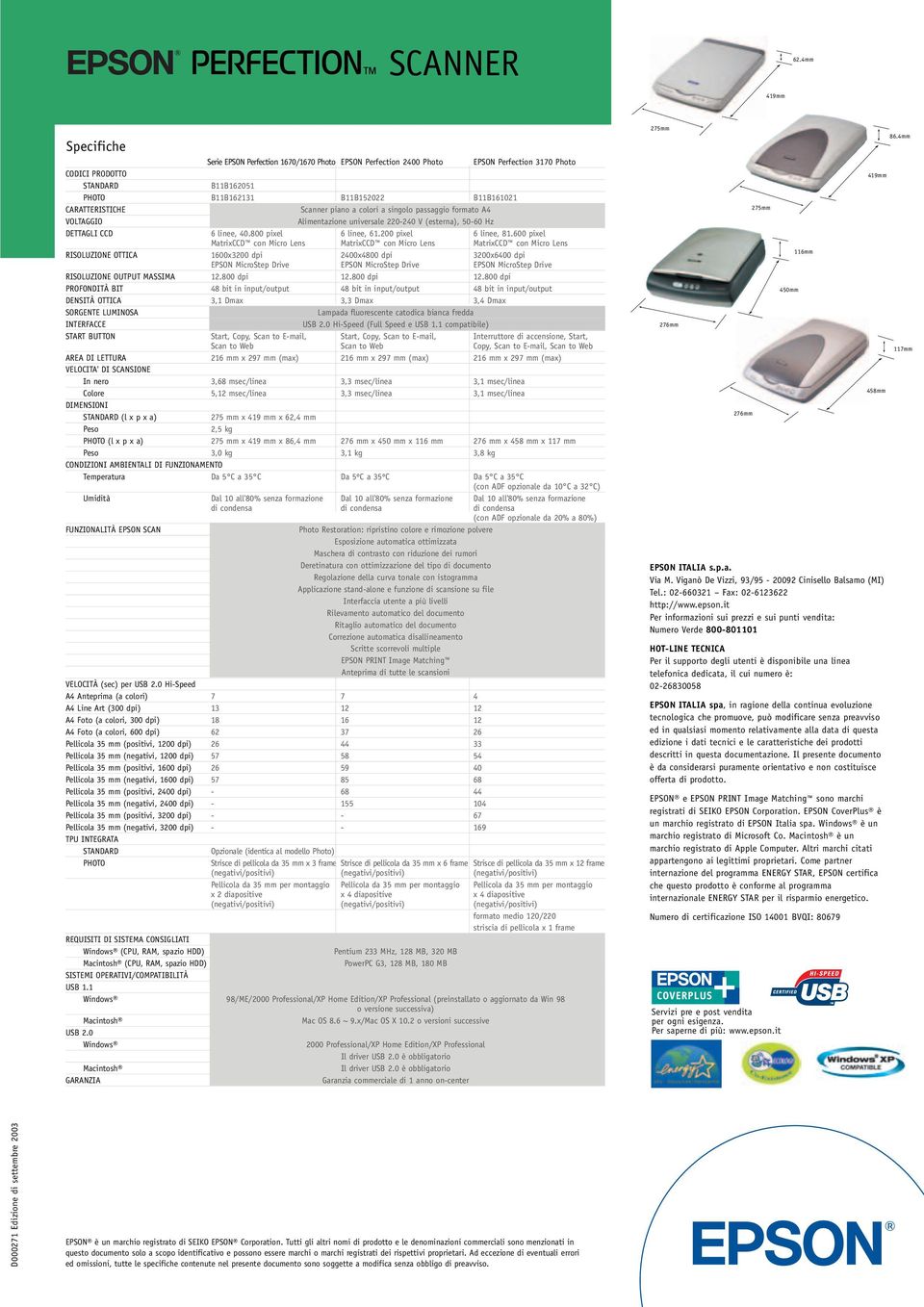 CARATTERISTICHE Scanner piano a colori a singolo passaggio formato A4 VOLTAGGIO Alimentazione universale 220-240 V (esterna), 50-60 Hz DETTAGLI CCD 6 linee, 40.800 pixel 6 linee, 61.