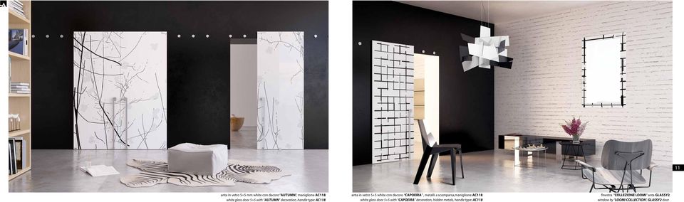 scomparsa,maniglione AC118 white glass door 5+5 with CAPOEIRA decoration, hidden metals,