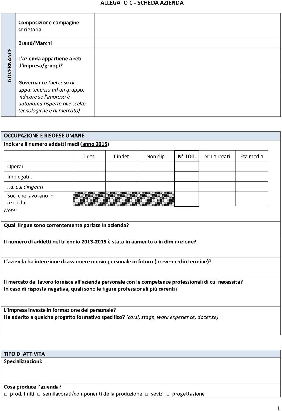 2015) Operai Impiegati....di cui dirigenti Soci che lavorano in azienda Note: T det. T indet. Non dip. N TOT. N Laureati Età media Quali lingue sono correntemente parlate in azienda?