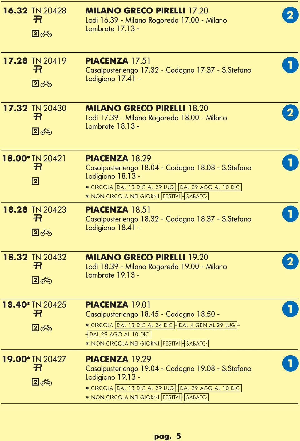 13-2 * CIRCO [dal 13 dic al 29 lug]-[dal 29 ago al 10 dic] * NON CIRCO NEI GIORNI [festivi]-[sabato] 18.28 TN 20423 PICENZ 18.51 Casalpusterlengo 18.32 - Codogno 18.37 - S.Stefano odigiano 18.41-18.