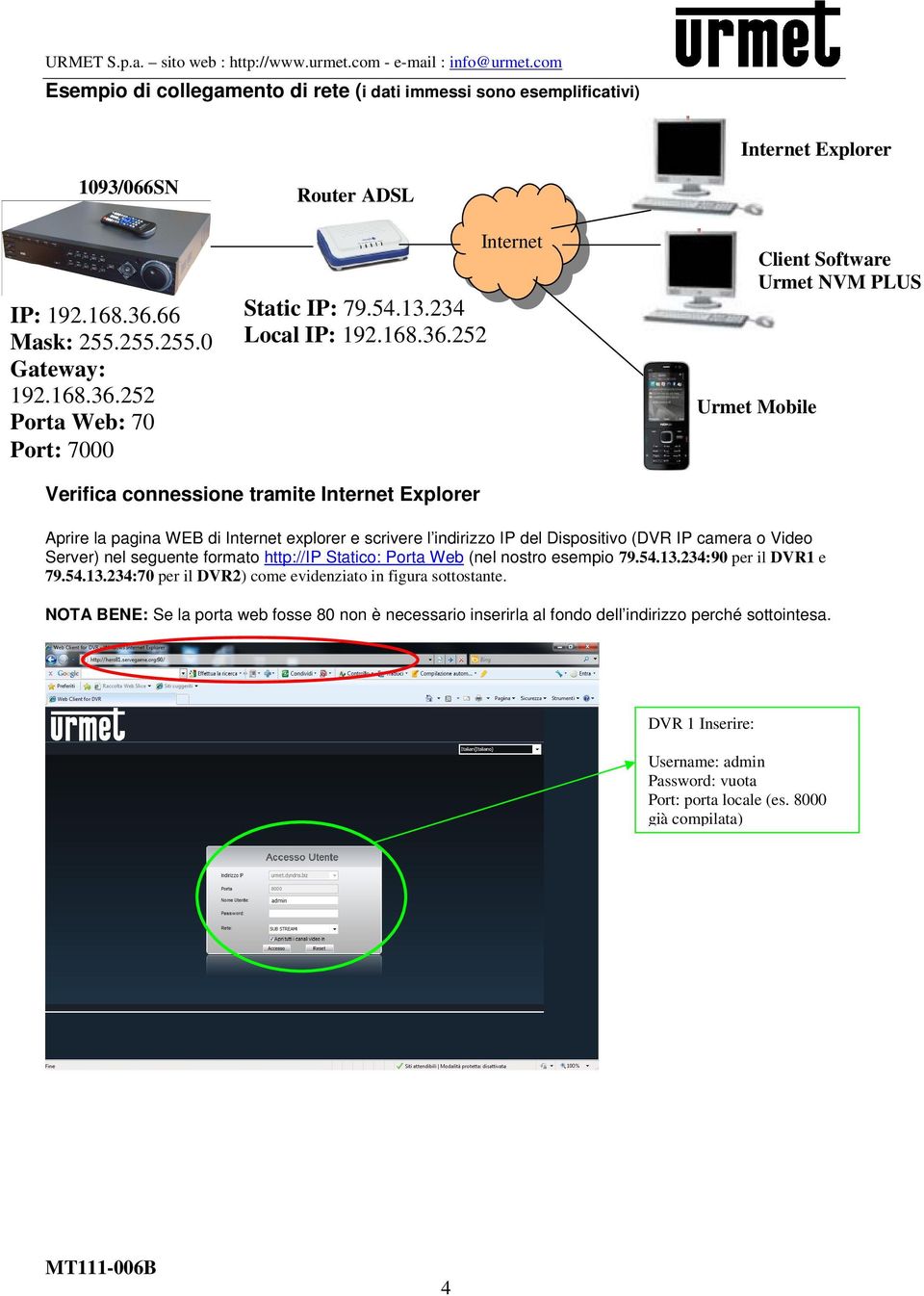 252 Internet Internet Explorer Client Software Urmet NVM PLUS Urmet Mobile Verifica connessione tramite Internet Explorer Aprire la pagina WEB di Internet explorer e scrivere l indirizzo IP del