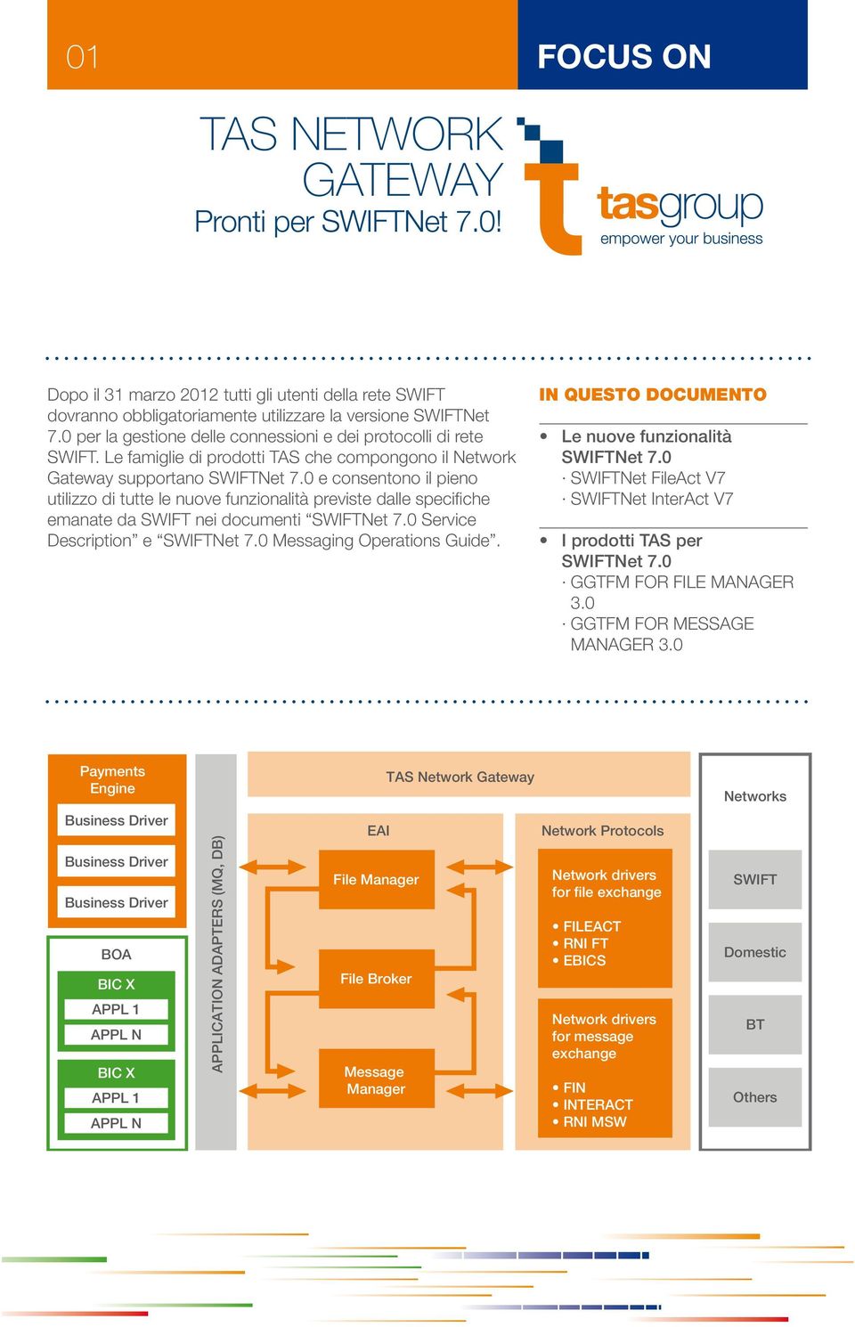 0 e consentono il pieno utilizzo di tutte le nuove funzionalità previste dalle specifiche emanate da SWIFT nei documenti SWIFTNet 7.0 Service Description e SWIFTNet 7.0 Messaging Operations Guide.