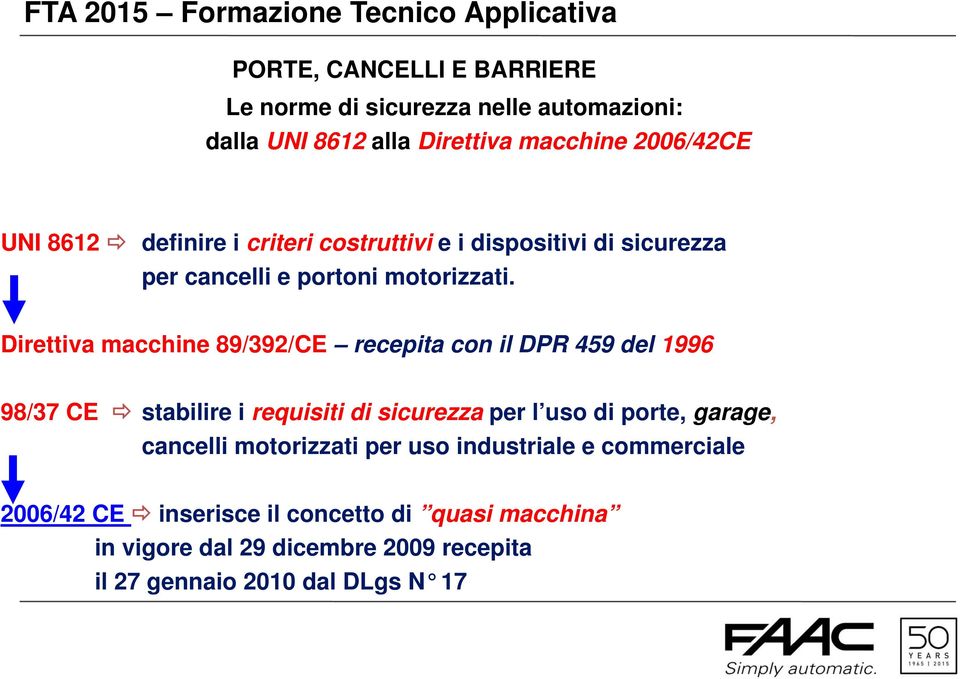 Direttiva macchine 89/392/CE recepita con il DPR 459 del 1996 98/37 CE stabilire i requisiti di sicurezza per l uso di porte, garage,