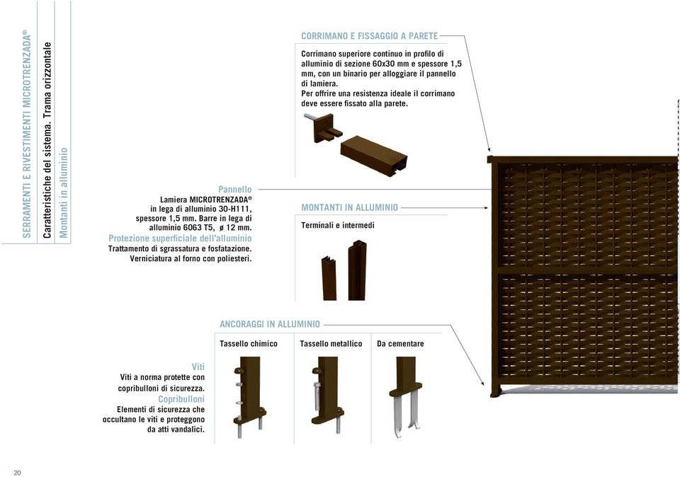 CORRIMANO E FISSAGGIO A PARETE Corrimano superiore continuo in profi lo di alluminio di sezione 60x30 mm e spessore 1,5 mm, con un binario per alloggiare il pannello di lamiera.