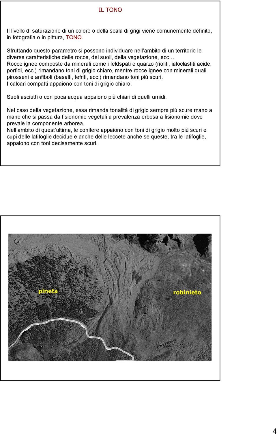 feldspati e quarzo (rioliti, ialoclastiti acide, porfidi, ecc.) rimandano toni di grigio chiaro, mentre rocce ignee con minerali quali pirosseni e anfiboli (basalti, tefriti, ecc.