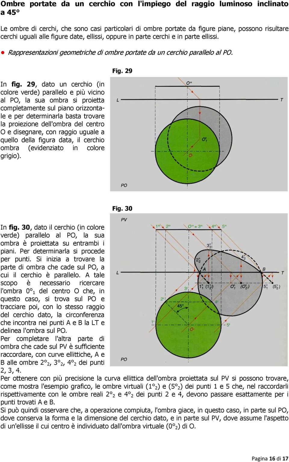 29, dato un cerchio (in colore verde) parallelo e più vicino al PO, la sua ombra si proietta completamente sul piano orizzontale e per determinarla basta trovare la proiezione dell'ombra del centro O