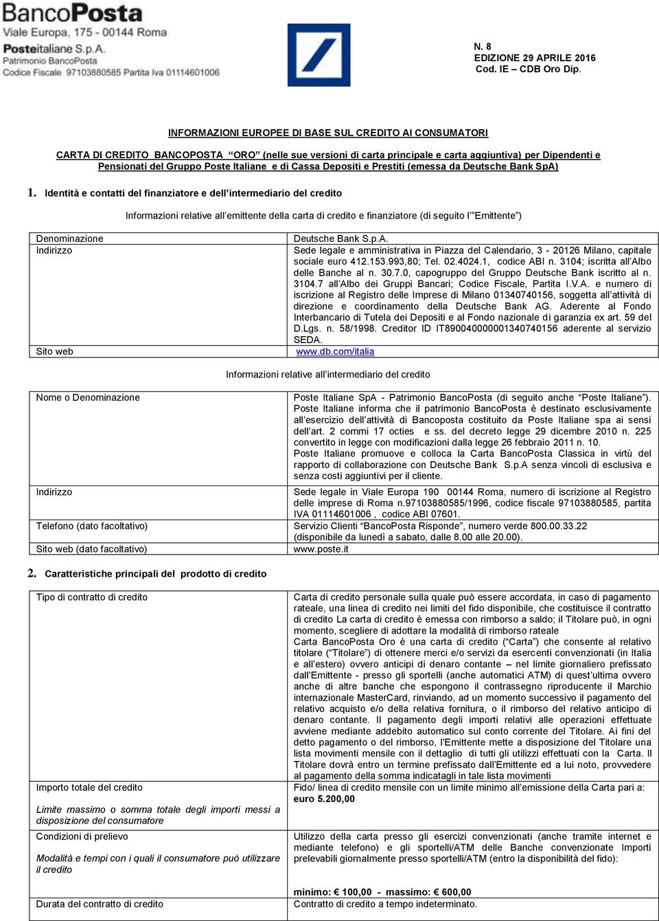 Identità e contatti del finanziatore e dell intermediario del credito Informazioni relative all emittente della carta di credito e finanziatore (di seguito l Emittente ) Denominazione Indirizzo Sito