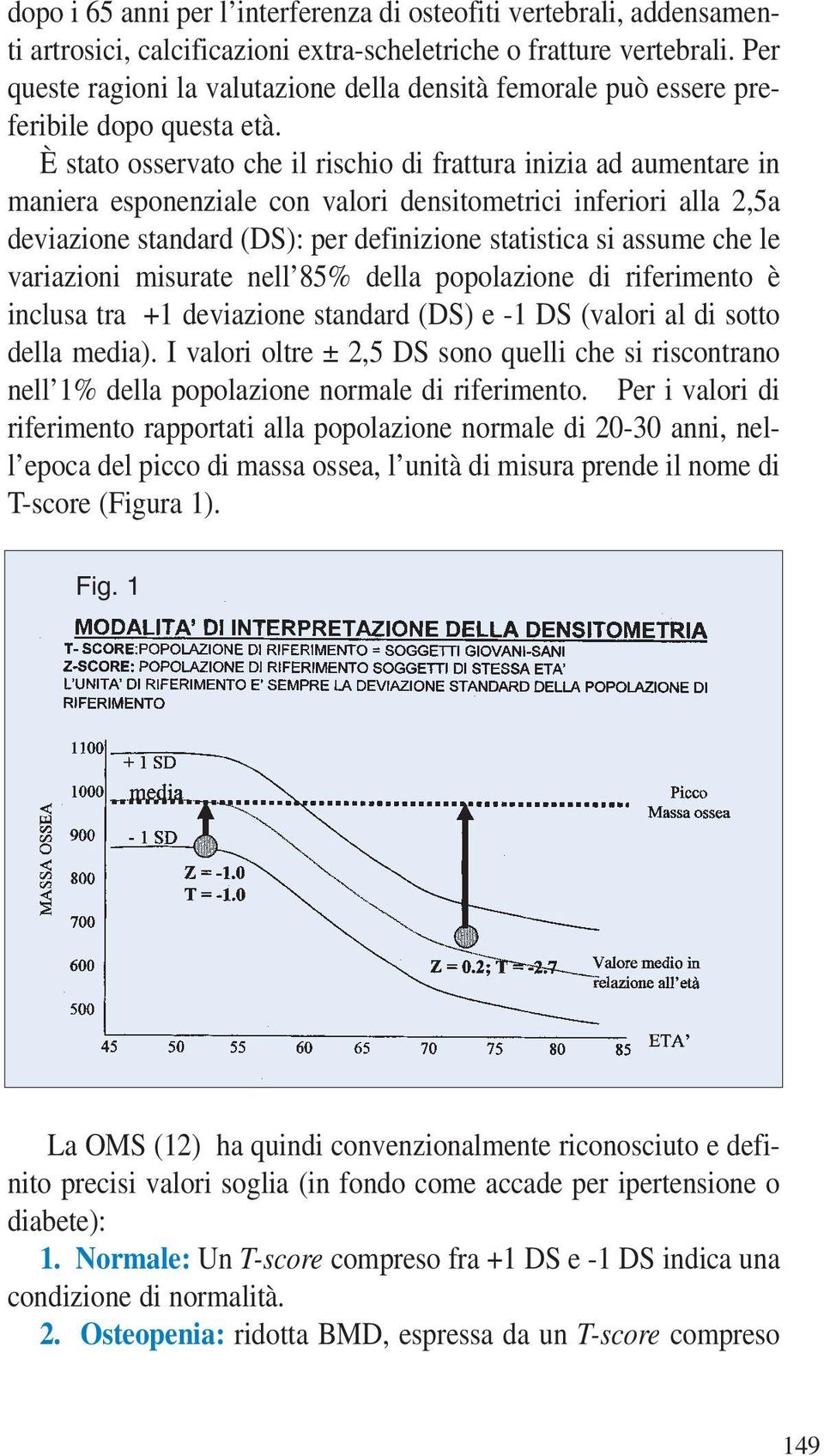 È stato osservato che il rischio di frattura inizia ad aumentare in maniera esponenziale con valori densitometrici inferiori alla 2,5a deviazione standard (DS): per definizione statistica si assume