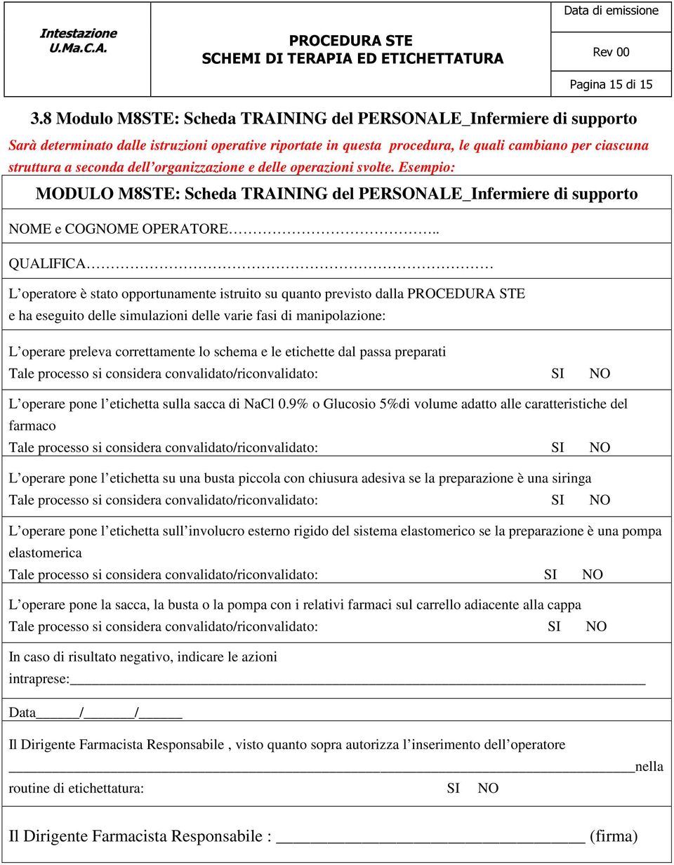 organizzazione e delle operazioni svolte. Esempio: MODULO M8STE: Scheda TRAINING del PERSONALE_Infermiere di supporto NOME e COGNOME OPERATORE.