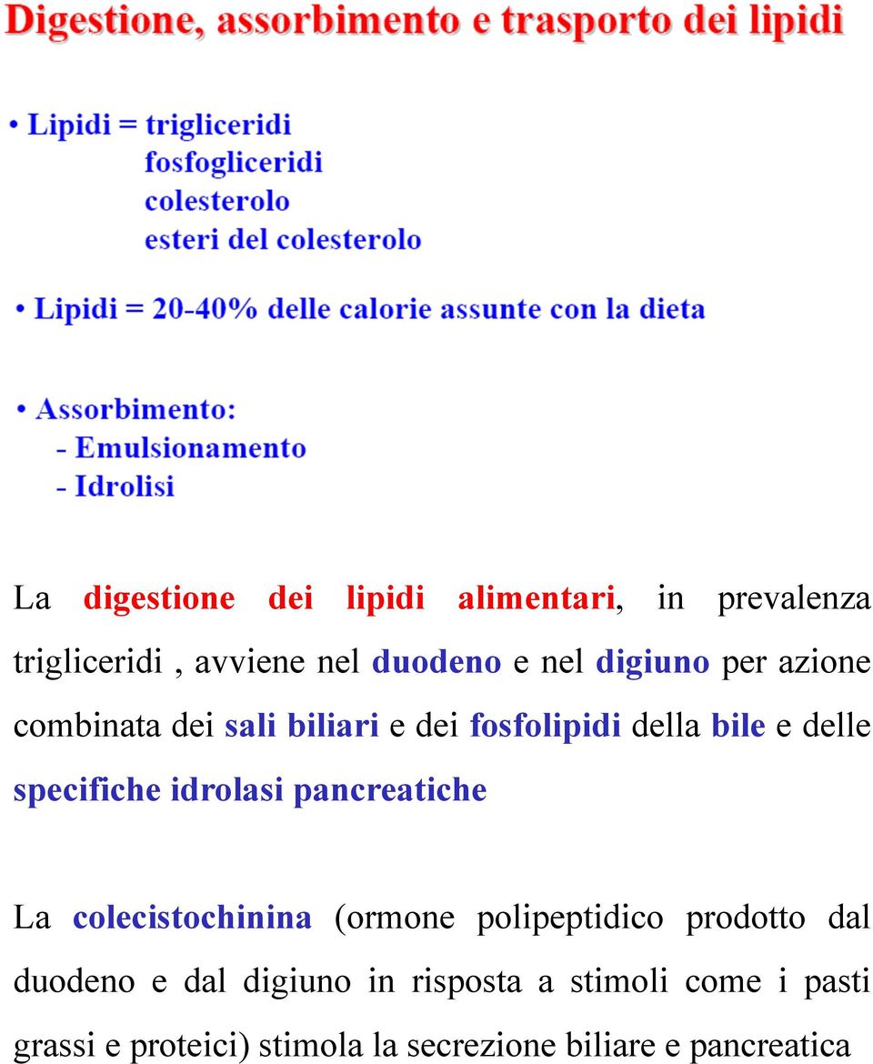 idrolasi pancreatiche La colecistochinina (ormone polipeptidico prodotto dal duodeno e dal