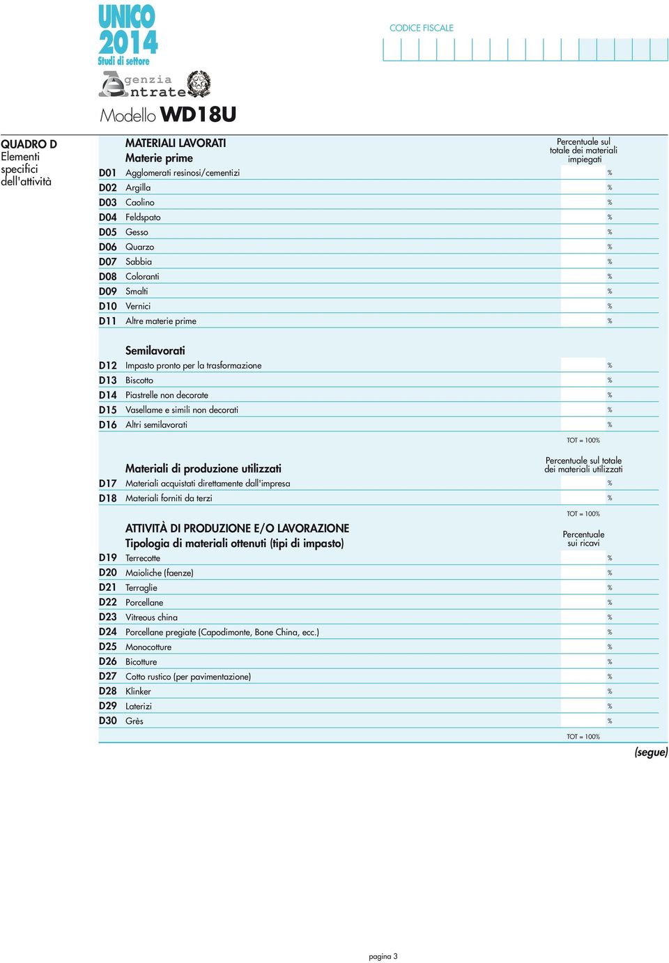 Vasellame e simili non decorati D6 Altri semilavorati TOT = 00 D7 D8 Materiali di produzione utilizzati Materiali acquistati direttamente dall'impresa Materiali forniti da terzi Percentuale sul