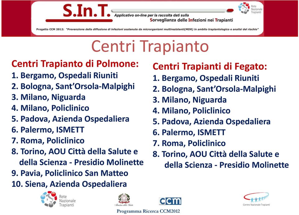 Pavia, Policlinico San Matteo 10. Siena, Azienda Ospedaliera Centri Trapianti di Fegato: 1. Bergamo, Ospedali Riuniti 2. Bologna, Sant Orsola Malpighi 3.