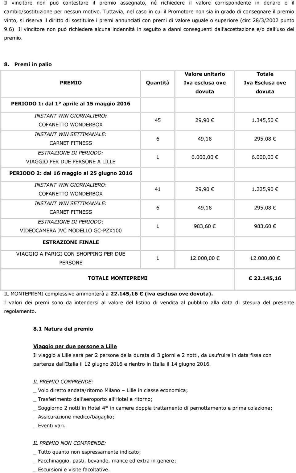 punto 9.6) Il vincitore non può richiedere alcuna indennità in seguito a danni conseguenti dall accettazione e/o dall uso del premio. 8.