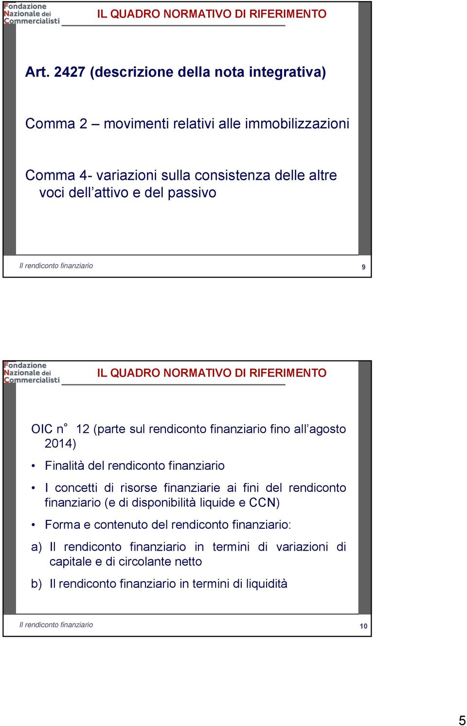 dell attivo e del passivo 9 9 IL QUADRO NORMATIVO DI RIFERIMENTO OIC n 12 (parte sul rendiconto finanziario fino all agosto 2014) Finalità del