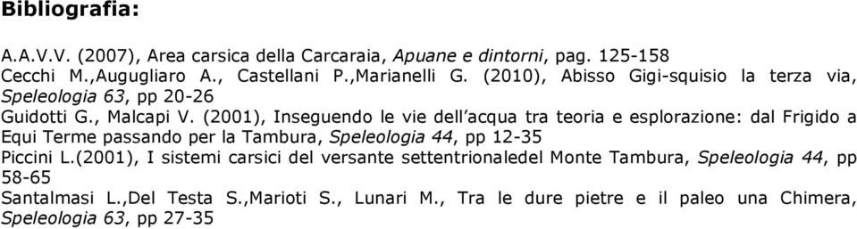 (2001), Inseguendo le vie dell acqua tra teoria e esplorazione: dal Frigido a Equi Terme passando per la Tambura, Speleologia 44, pp 12-35 Piccini L.