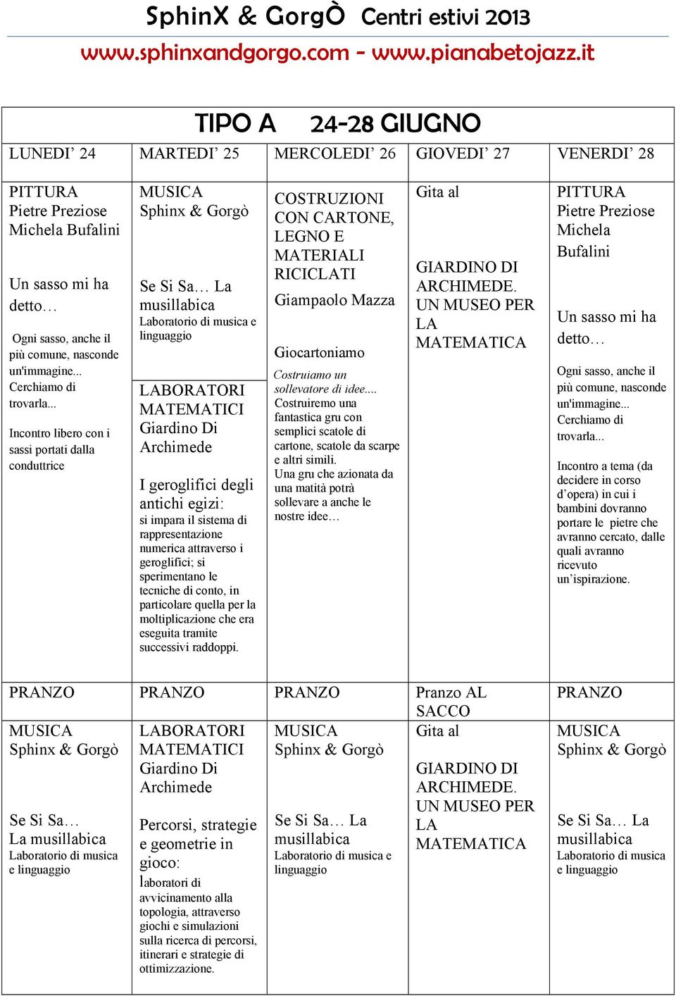 .. Incontro libero con i sassi portati dalla conduttrice La musillabica linguaggio I geroglifici degli antichi egizi: si impara il sistema di rappresentazione numerica attraverso i geroglifici; si