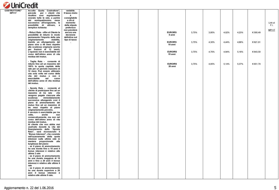 a 48 mesi rispetto alla scadenza originaria (anche per frazioni di 12 mesi). L opzione non è esercitabile nel corso dell ultimo anno di vita residua del mutuo. variabile.