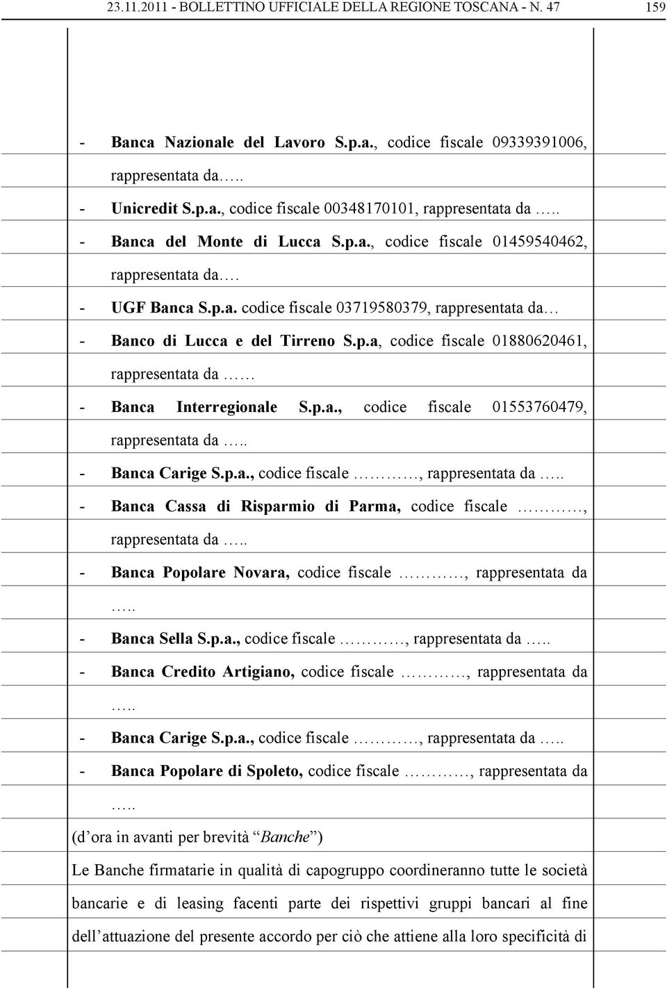 p.a., codice fiscale 01553760479, rappresentata da.. - Banca Carige S.p.a., codice fiscale, rappresentata da.. - Banca Cassa di Risparmio di Parma, codice fiscale, rappresentata da.