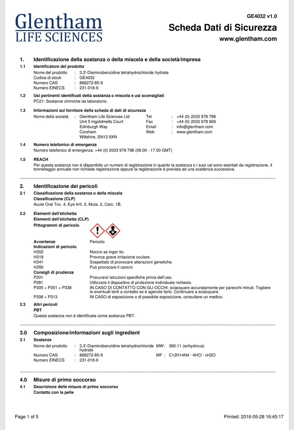 2 Usi pertinenti identificati della sostanza o miscela e usi sconsigliati PC21: Sostanze chimiche da laboratorio. 1.