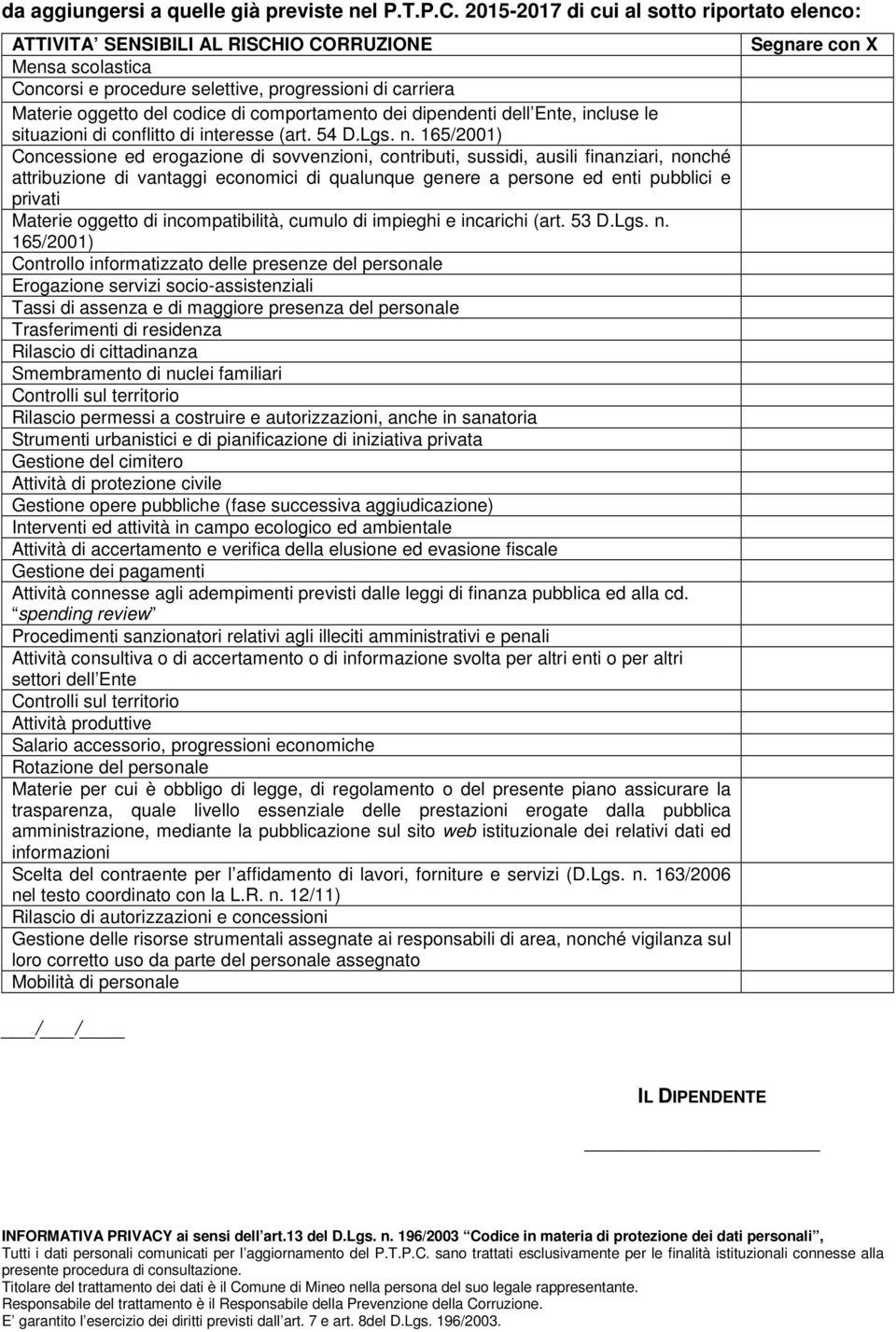 comportamento dei dipendenti dell Ente, incluse le situazioni di conflitto di interesse (art. 54 D.Lgs. n.