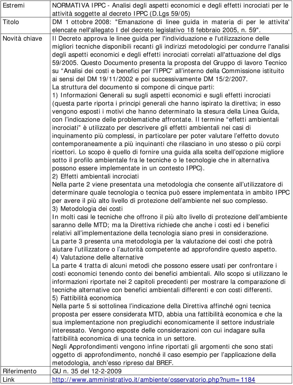 Novità chiave Il Decreto approva le linee guida per l'individuazione e l'utilizzazione delle migliori tecniche disponibili recanti gli indirizzi metodologici per condurre l'analisi degli aspetti