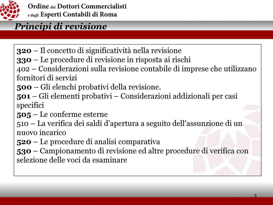 501 Gli elementi probativi Considerazioni addizionali per casi specifici 505 Le conferme esterne 510 La verifica dei saldi d apertura a