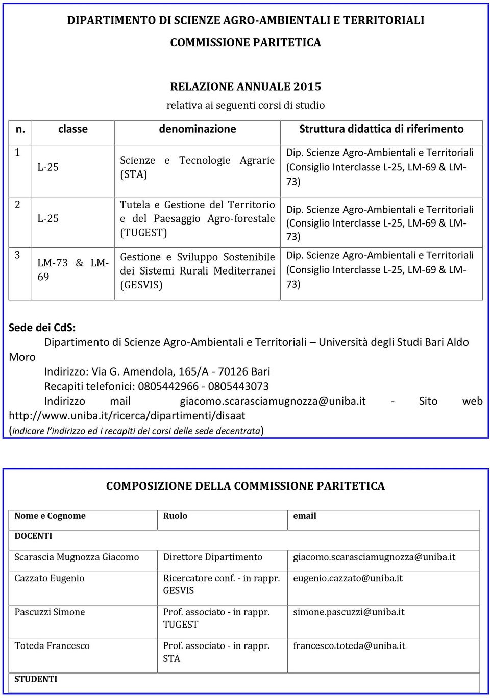 Scienze Agro-Ambientali e Territoriali (Consiglio Interclasse L-25, LM-69 & LM- 73) 2 L-25 Tutela e Gestione del Territorio e del Paesaggio Agro-forestale (TUGEST) Dip.