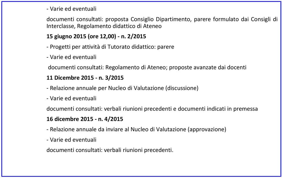 2/2015 - Progetti per attività di Tutorato didattico: parere - Varie ed eventuali documenti consultati: Regolamento di Ateneo; proposte avanzate dai docenti 11 Dicembre 2015 -