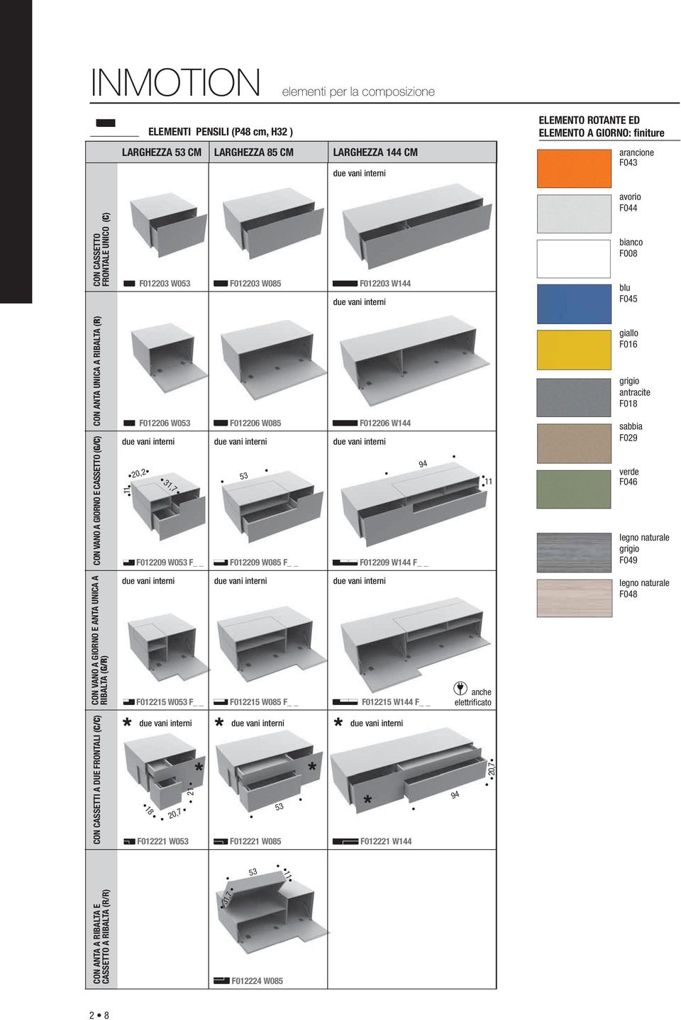 20,2 F012209 W053 F F012209 W085 F F012209 W144 F 11 giallo F016 grigio antracite F018 sabbia F029 verde F046 legno naturale grigio F049 CON VANO A GIORNO E ANTA UNICA A RIBALTA (G/R) CON