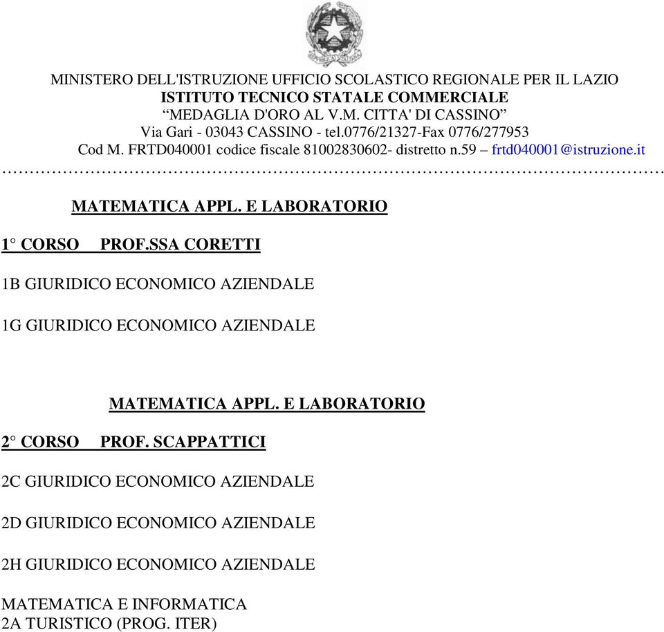 MATEMATICA APPL. E LABORATORIO 2 CORSO PROF.