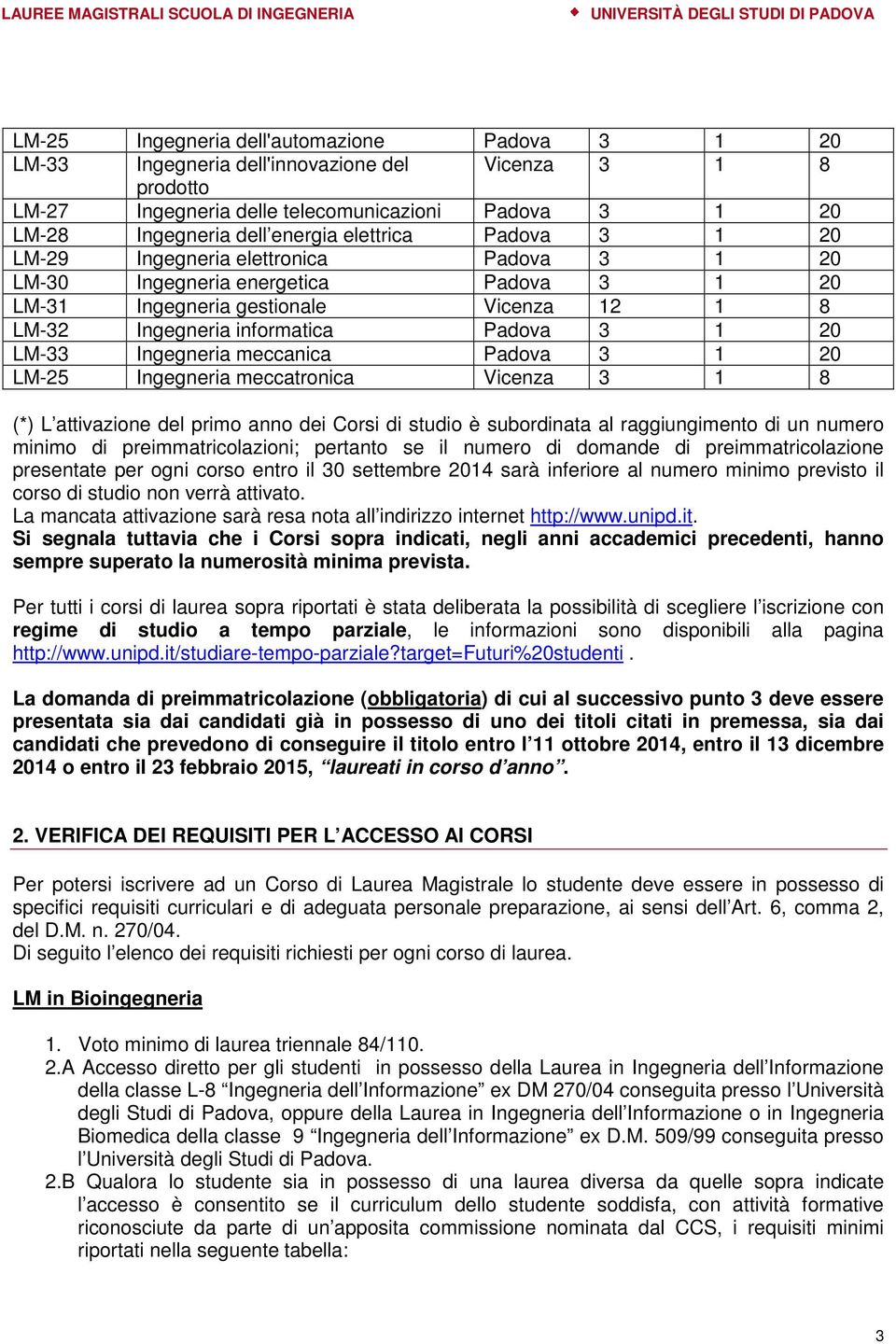 LM-33 Ingegneria meccanica Padova 3 1 20 LM-25 Ingegneria meccatronica Vicenza 3 1 8 (*) L attivazione del primo anno dei Corsi di studio è subordinata al raggiungimento di un numero minimo di