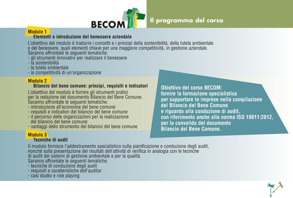 Saranno affrontate le seguenti tematiche: - gli strumenti innovativi per realizzare il benessere - la sostenibilità - la tutela ambientale - la competitività di un organizzazione Modulo 2 Bilancio