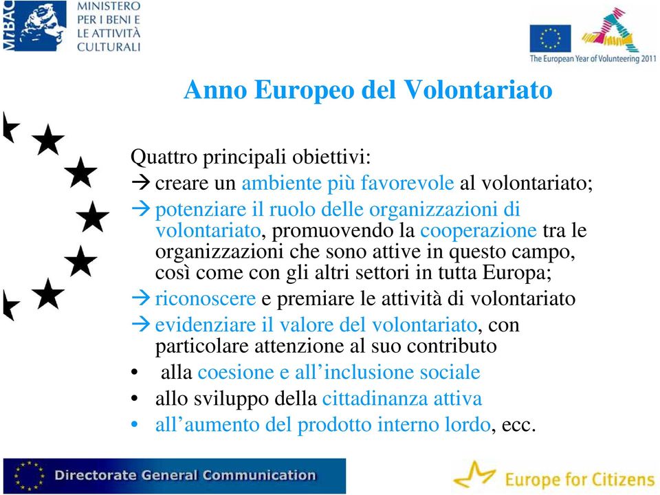 settori in tutta Europa; riconoscere e premiare le attività di volontariato evidenziare il valore del volontariato, con particolare