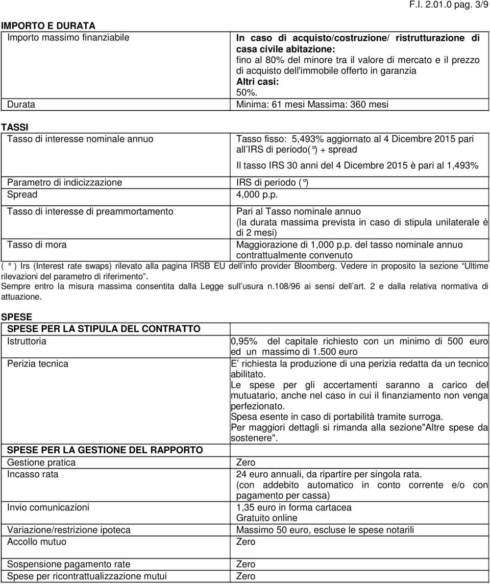 acquisto dell'immobile offerto in garanzia Altri casi: 50%. Minima: 61 mesi Massima: 360 mesi TASSI Tasso di interesse nominale annuo Parametro di indicizzazione IRS di pe