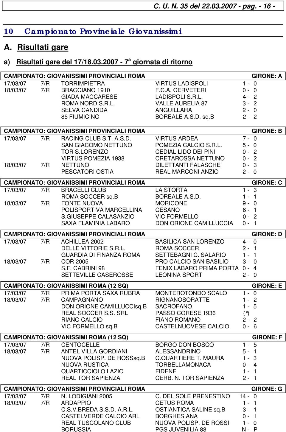 b 2-2 CAMPIONATO: GIOVANISSIMI PROVINCIALI ROMA GIRONE: B 17/03/07 7/R RACING CLUB S.T. A.S.D. VIRTUS ARDEA 7-0 SAN GIACOMO NETTUNO POMEZIA CALCIO S.R.L. 5-0 TOR S.