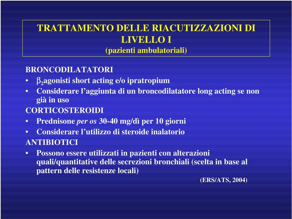 30-40 mg/dì per 10 giorni Considerare l utilizzo di steroide inalatorio ANTIBIOTICI Possono essere utilizzati in pazienti