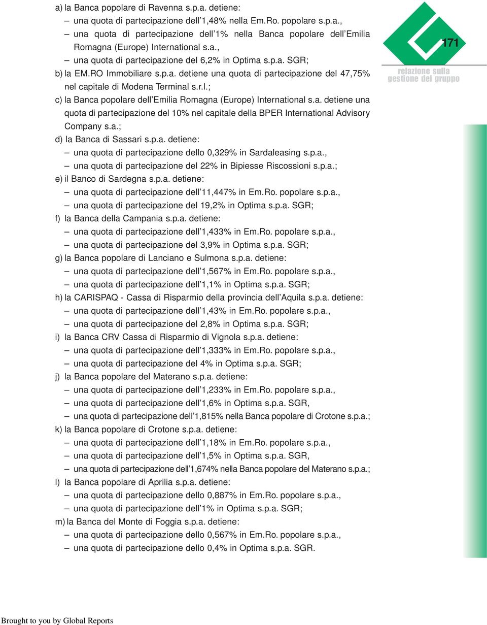 a. detiene una quota di partecipazione del 10% nel capitale della BPER International Advisory Company s.a.; d) la Banca di Sassari s.p.a. detiene: una quota di partecipazione dello 0,329% in Sardaleasing s.