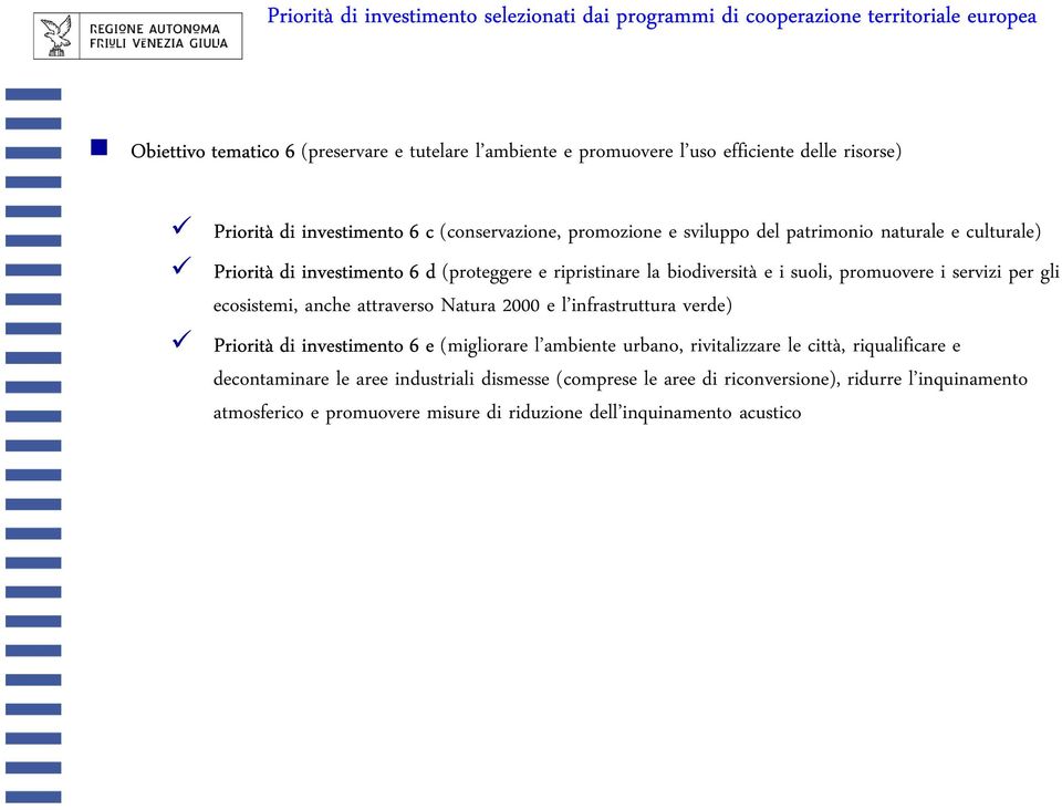 i suoli, promuovere i servizi per gli ecosistemi, anche attraverso Natura 2000 e l infrastruttura verde) Priorità di investimento 6 e (migliorare l ambiente urbano, rivitalizzare le