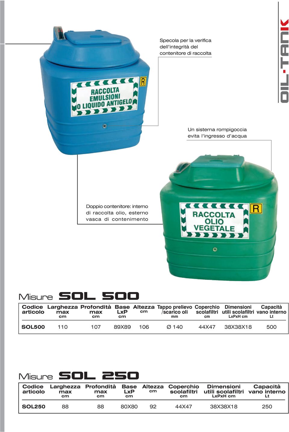 scolafiltri Dimensioni utili scolafiltri LxPxH Capacità vano interno Lt SOL500 110 107 89X89 106 Ø 140 44X47 38X38X18 500 Misure Codice articolo