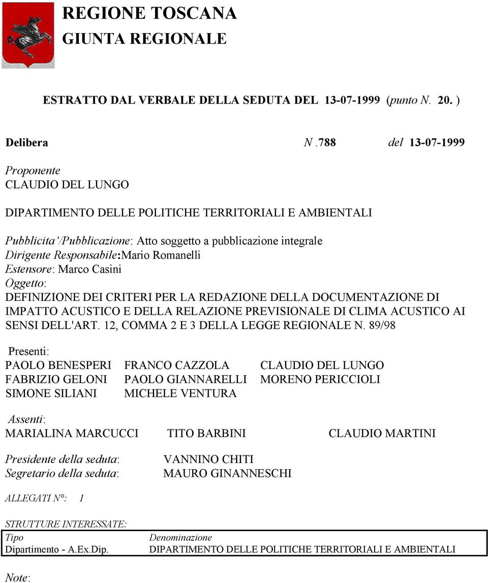 Romanelli Estensore: Marco Casini Oggetto: DEFINIZIONE DEI CRITERI PER LA REDAZIONE DELLA DOCUMENTAZIONE DI IMPATTO ACUSTICO E DELLA RELAZIONE PREVISIONALE DI CLIMA ACUSTICO AI SENSI DELL'ART.