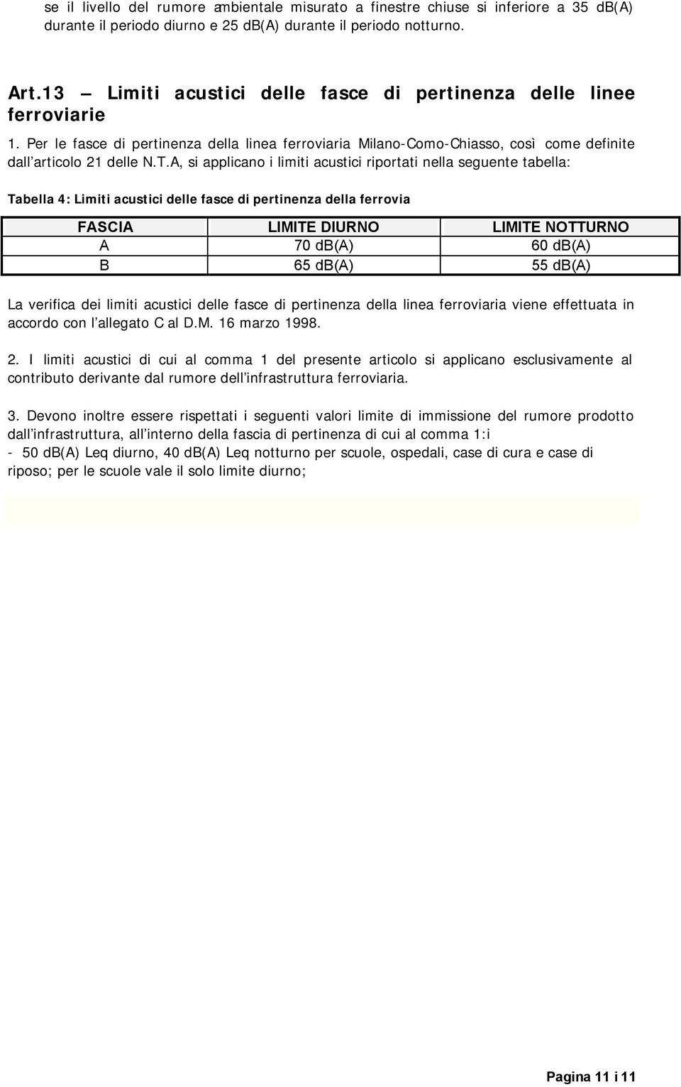 A, si applicano i limiti acustici riportati nella seguente tabella: Tabella 4: Limiti acustici delle fasce di pertinenza della ferrovia FASCIA LIMITE DIURNO LIMITE NOTTURNO A 70 db(a) 60 db(a) B 65