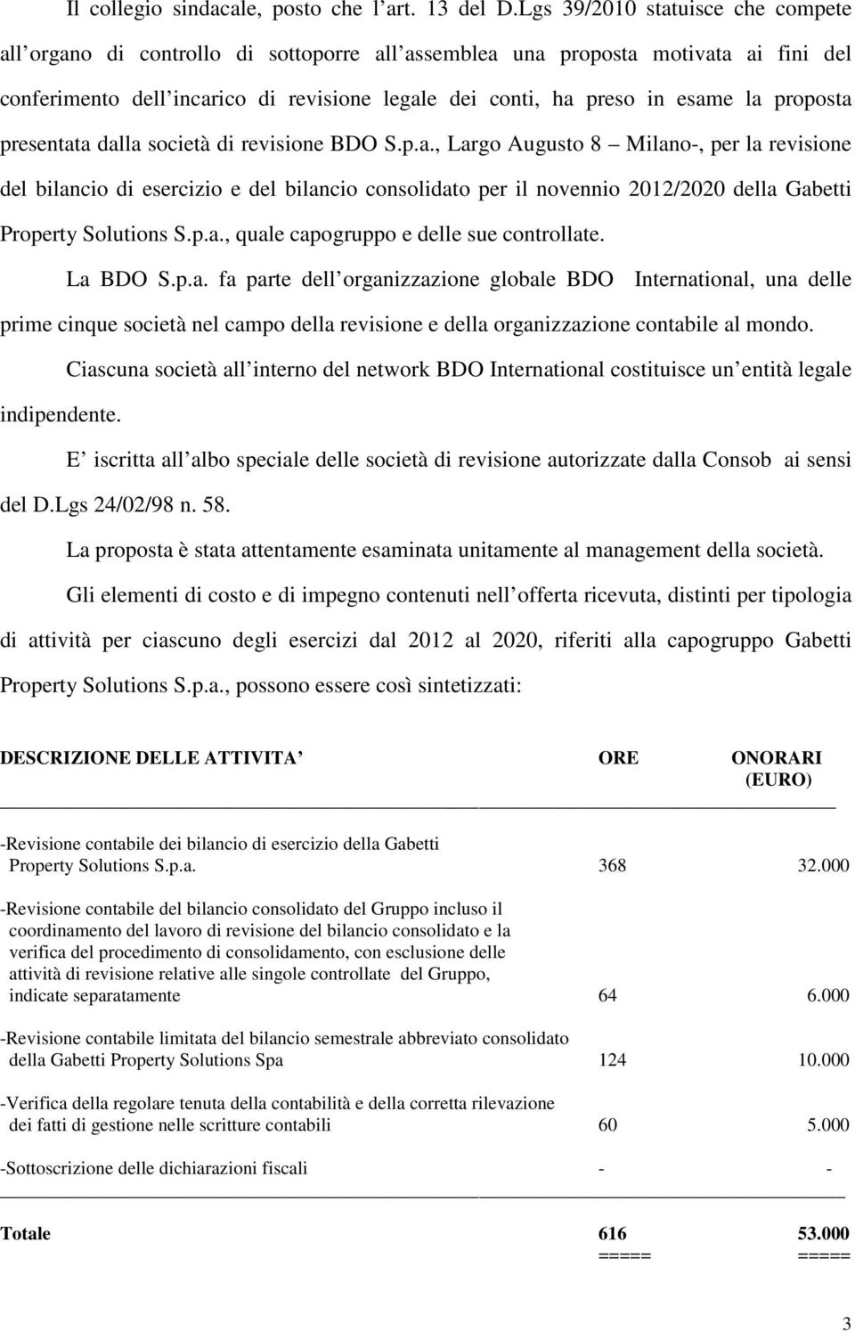 proposta presentata dalla società di revisione BDO S.p.a., Largo Augusto 8 Milano-, per la revisione del bilancio di esercizio e del bilancio consolidato per il novennio 2012/2020 della Gabetti Property Solutions S.