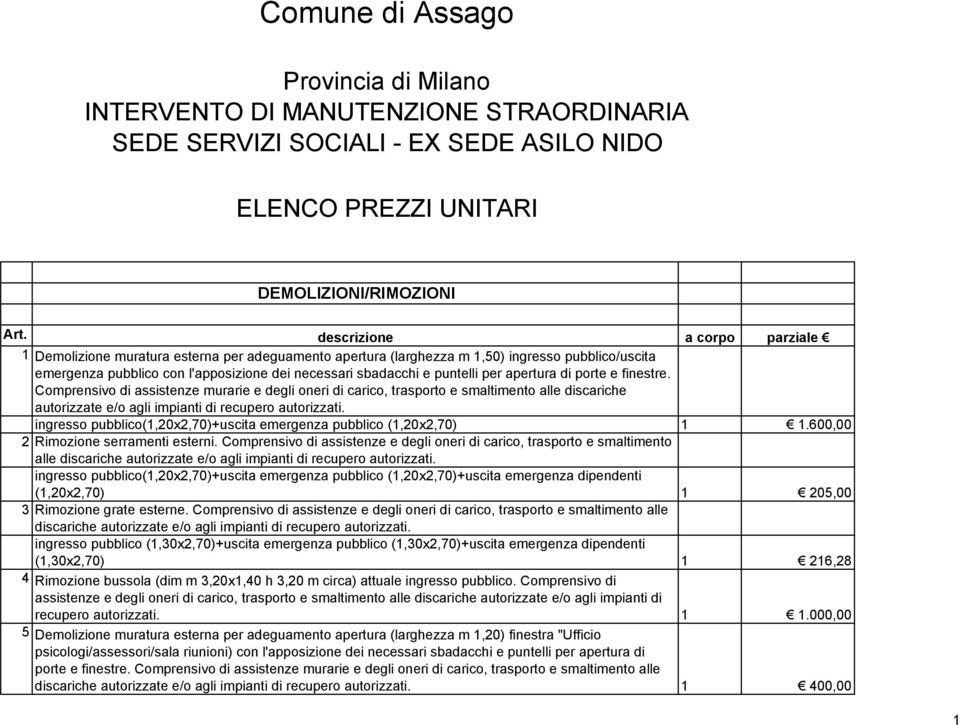 Comprensivo di assistenze murarie e degli oneri di carico, trasporto e smaltimento alle discariche autorizzate e/o agli impianti di recupero autorizzati.