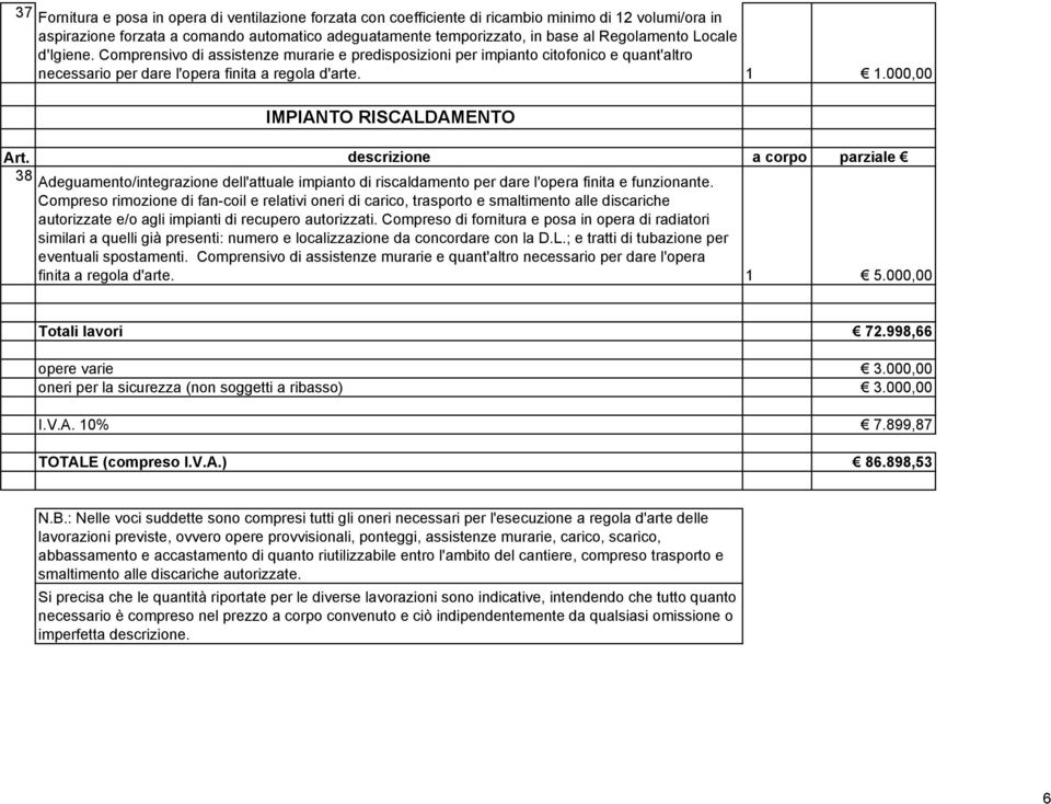 000,00 IMPIANTO RISCALDAMENTO 38 Adeguamento/integrazione dell'attuale impianto di riscaldamento per dare l'opera finita e funzionante.