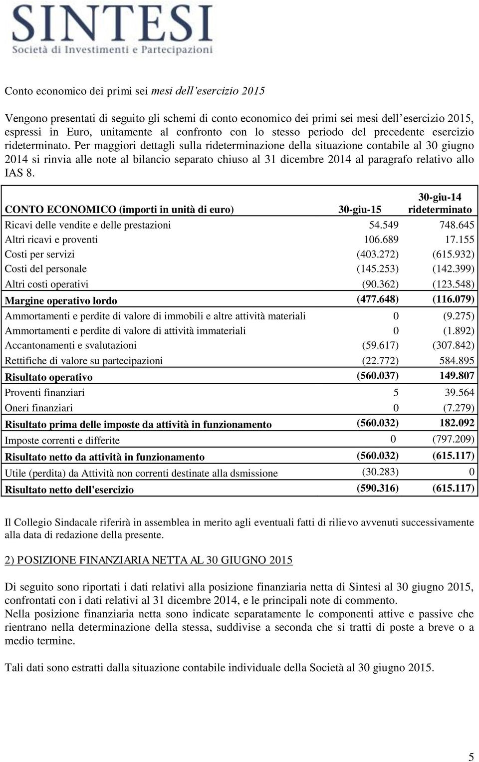 Per maggiori dettagli sulla rideterminazione della situazione contabile al 30 giugno 2014 si rinvia alle note al bilancio separato chiuso al 31 dicembre 2014 al paragrafo relativo allo IAS 8.