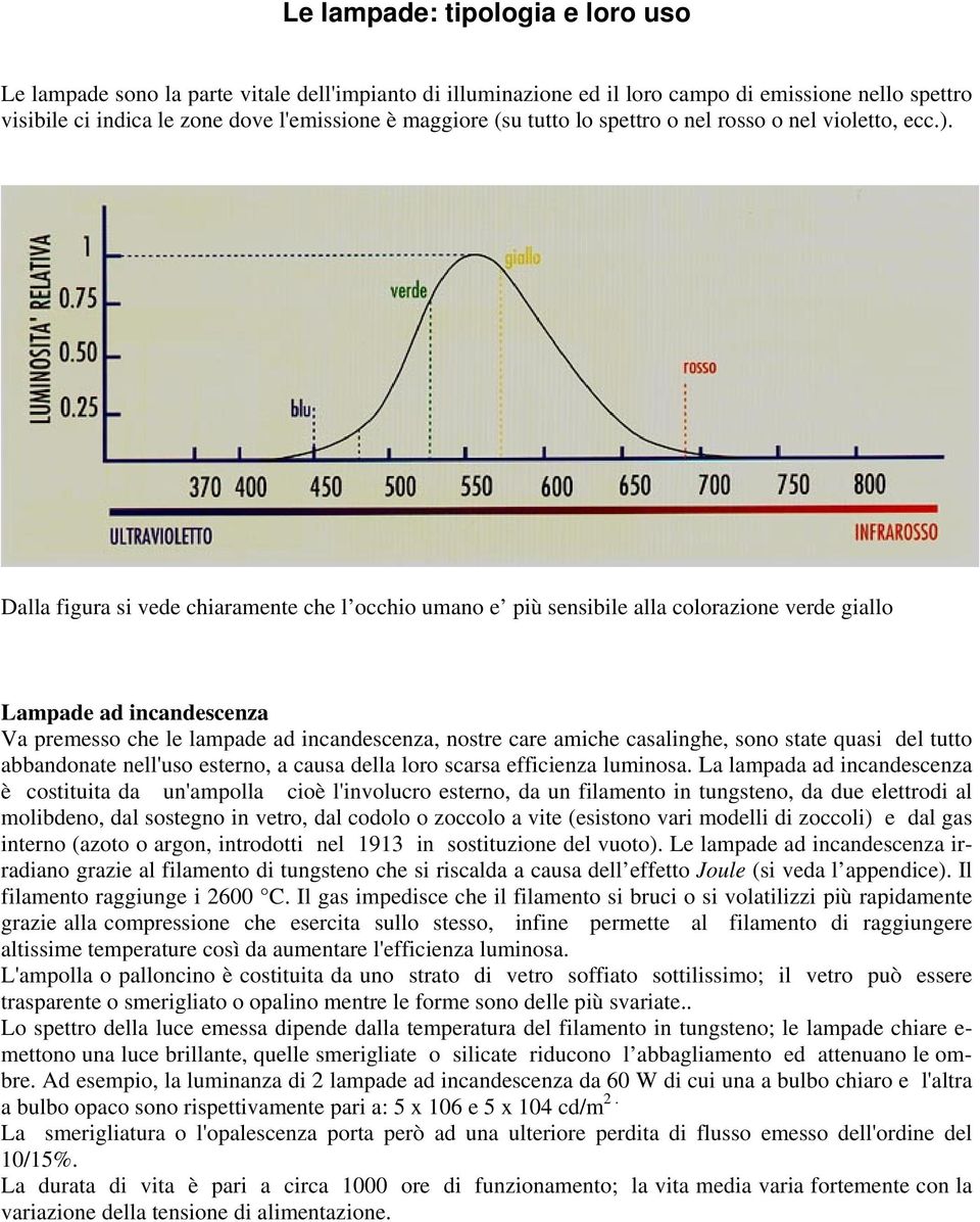 Dalla figura si vede chiaramente che l occhio umano e più sensibile alla colorazione verde giallo Lampade ad incandescenza Va premesso che le lampade ad incandescenza, nostre care amiche casalinghe,