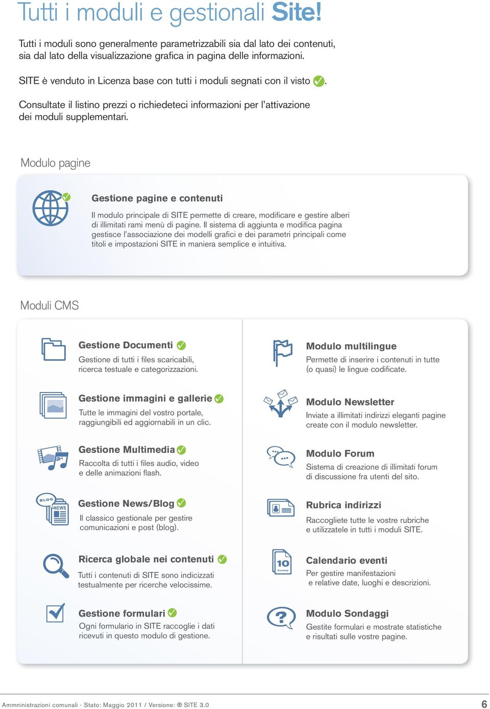 Modulo pagine Gestione pagine e contenuti Il modulo principale di SITE permette di creare, modificare e gestire alberi di illimitati rami menù di pagine.