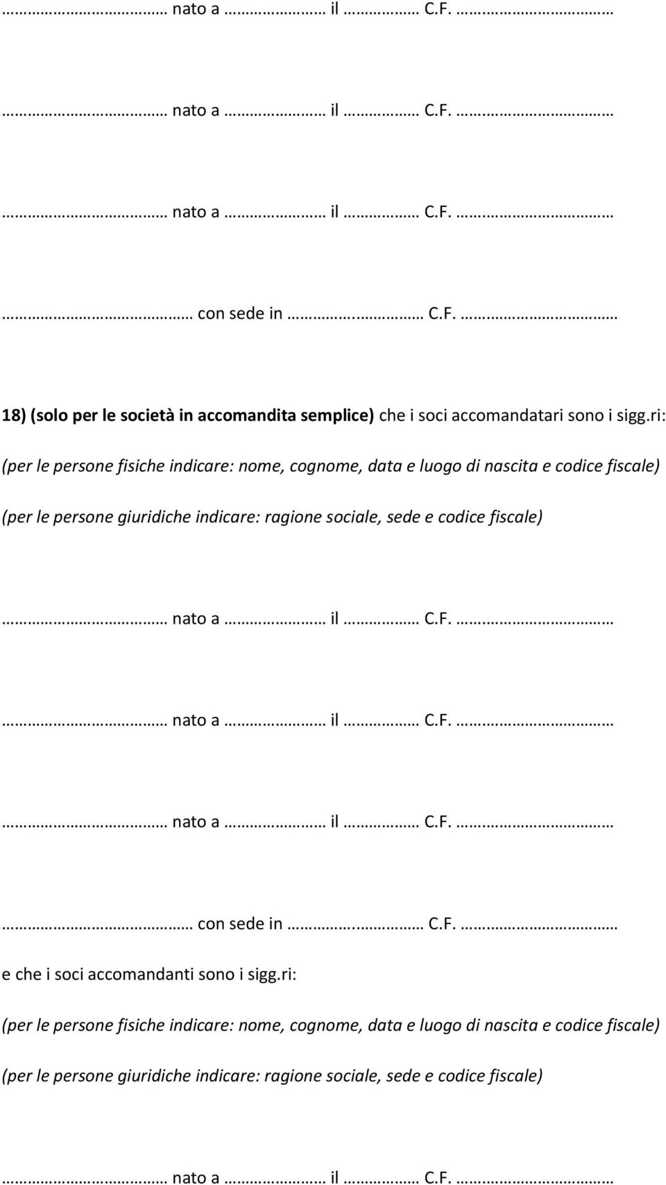 indicare: ragione sociale, sede e codice fiscale) con sede in.. C.F.. e che i soci accomandanti sono i sigg.