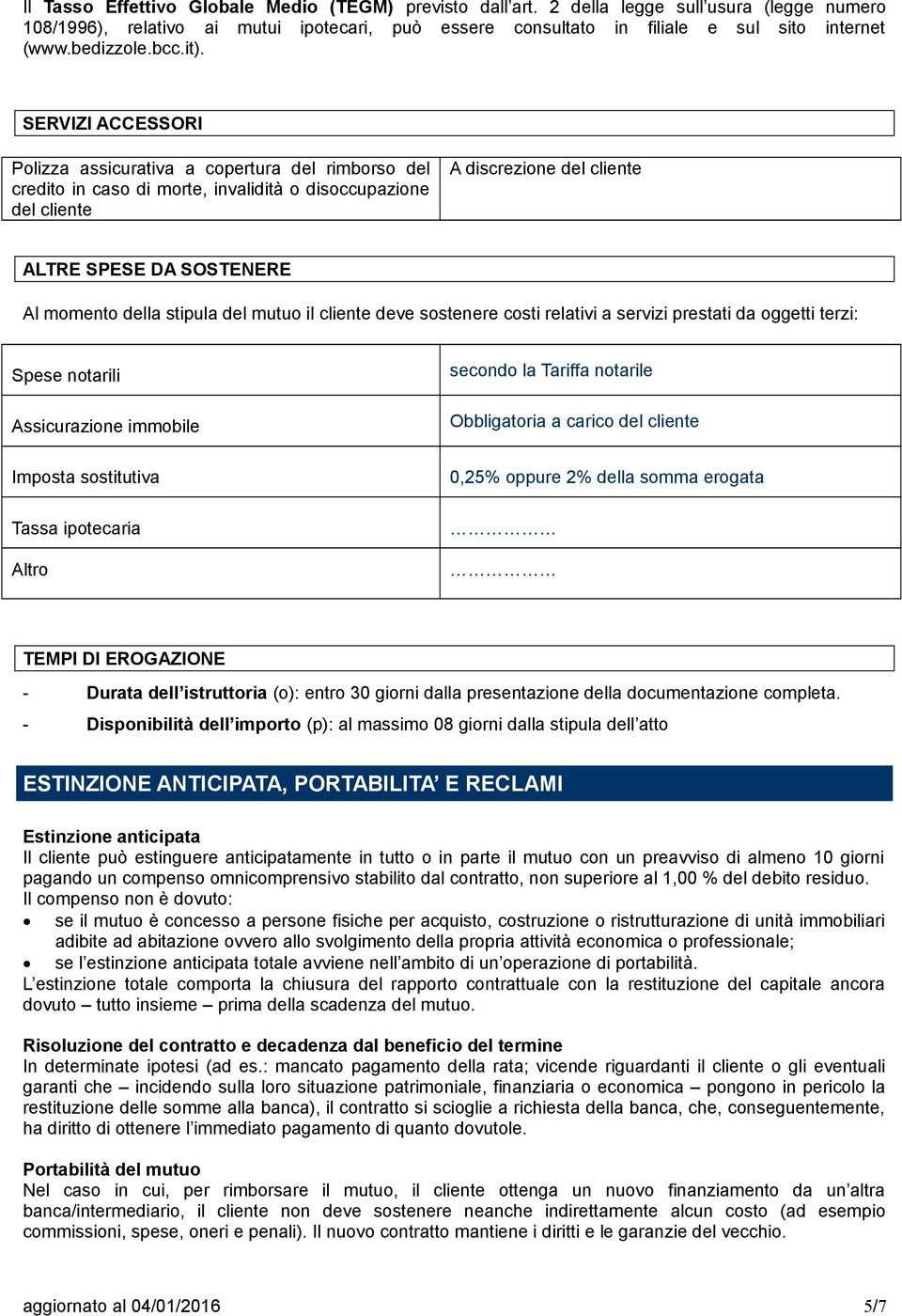 SERVIZI ACCESSORI Polizza assicurativa a copertura del rimborso del credito in caso di morte, invalidità o disoccupazione del cliente A discrezione del cliente ALTRE SPESE DA SOSTENERE Al momento