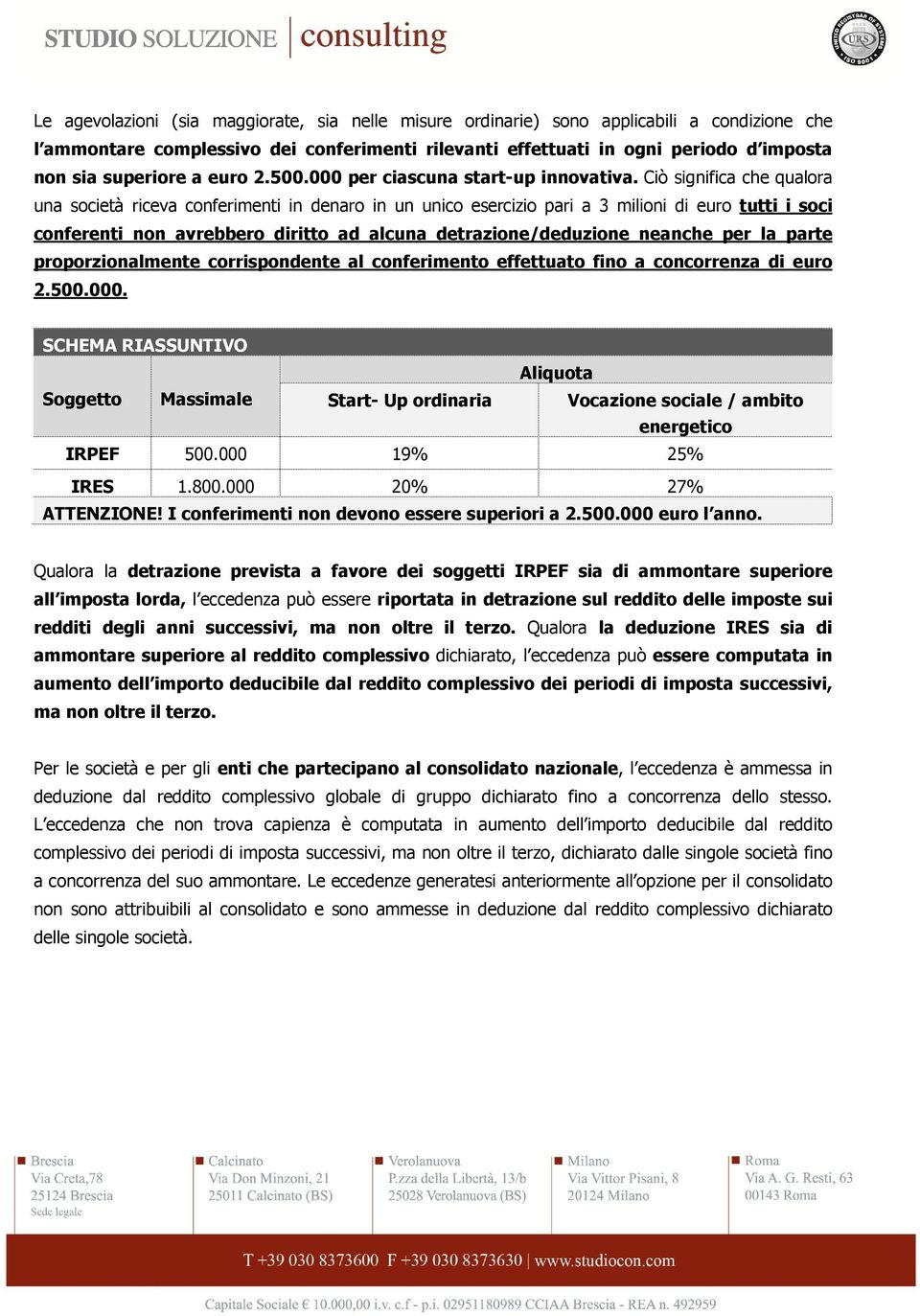 Ciò significa che qualora una società riceva conferimenti in denaro in un unico esercizio pari a 3 milioni di euro tutti i soci conferenti non avrebbero diritto ad alcuna detrazione/deduzione neanche